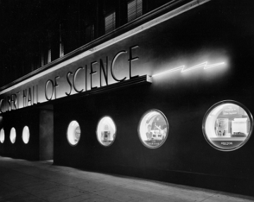 The 25th Street side of the Hall of Science at night - Photo by F. M. Demarest